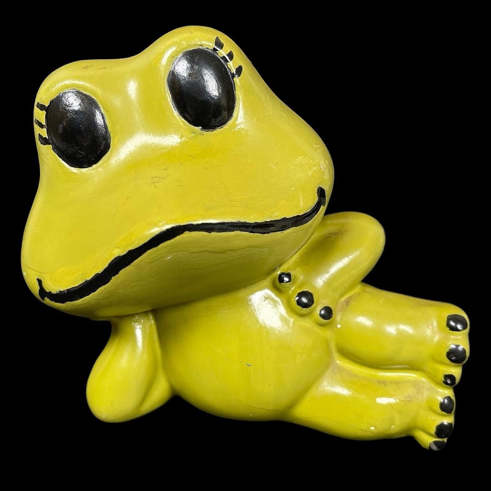 Vintage Ceramic Reclining Frog Figurine Chartreuse Green Kitsch Retro Garden